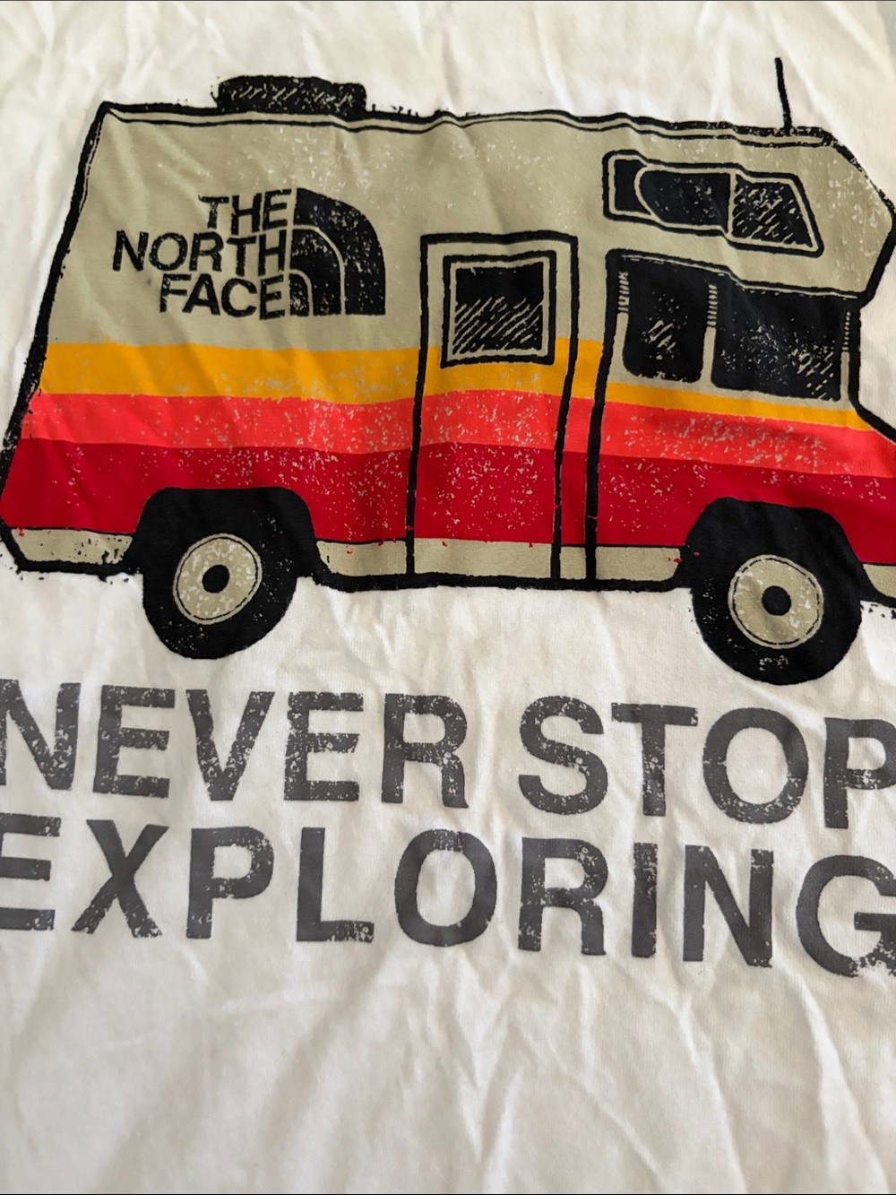 The North Face White Kids RV Graphic Tee with Red & Yellow Stripes